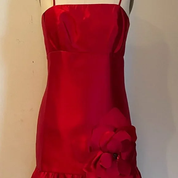 open lace back dress 1990s Vintage Red Asymmetrical One Shoulder Cocktail Dress by Oleg Cas –  Leslie Courreges main image 1